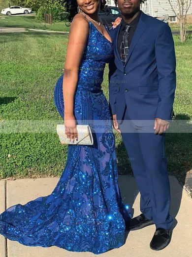 Trumpet/Mermaid V-neck Sequined Sweep Train Prom Dresses With Sequins #Favs020116099