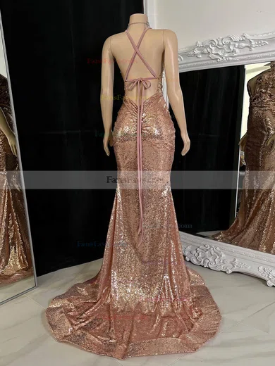 Sheath/Column V-neck Sequined Sweep Train Prom Dresses With Flower(s) #Favs020116100