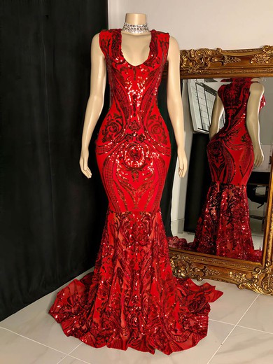 Trumpet/Mermaid V-neck Sequined Sweep Train Prom Dresses #Favs020116101