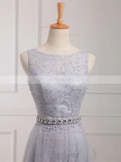 Sheath/Column Scoop Neck Lace Tulle Sweep Train Beading Prom Dresses #Favs020102739