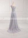 Sheath/Column Scoop Neck Lace Tulle Sweep Train Beading Prom Dresses #Favs020102739