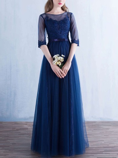 A-line Scoop Neck Tulle Floor-length Appliques Lace Prom Dresses #Favs020103436