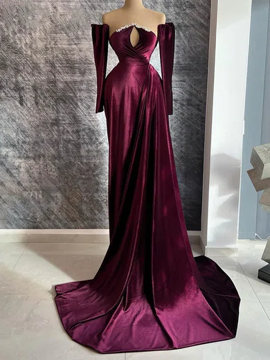 A-line Strapless Velvet Sweep Train Prom Dresses With Beading #Favs020116117
