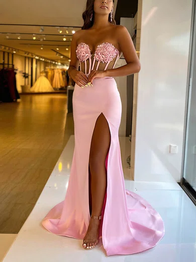 Sheath/Column Sweetheart Satin Sweep Train Prom Dresses With Flower(s) #Favs020116121