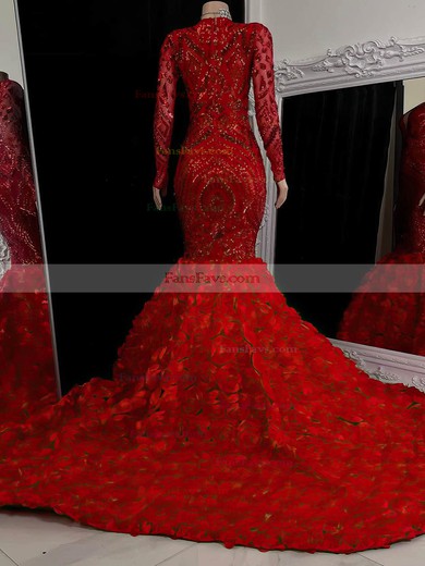 Trumpet/Mermaid V-neck Sequined Sweep Train Prom Dresses With Flower(s) #Favs020116127