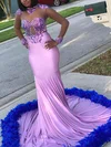 Trumpet/Mermaid High Neck Jersey Sweep Train Prom Dresses With Feathers / Fur #Favs020116128