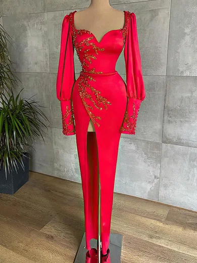 Sheath/Column V-neck Silk-like Satin Floor-length Prom Dresses With Beading #Favs020116129