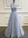 Princess Scoop Neck Lace Tulle Sweep Train Appliques Lace Prom Dresses #Favs020103620