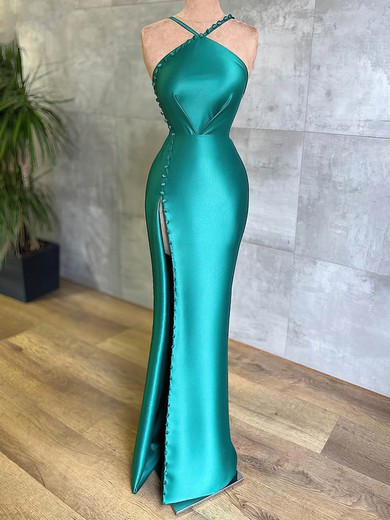 Sheath/Column V-neck Satin Floor-length Prom Dresses With Split Front #Favs020116136