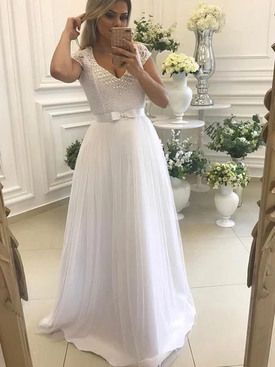 A-line V-neck Lace Tulle Floor-length Sashes / Ribbons Prom Dresses #Favs020105213