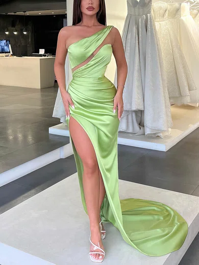 Sheath/Column One Shoulder Silk-like Satin Sweep Train Prom Dresses With Split Front #Favs020116143