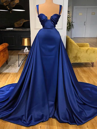 A-line V-neck Satin Sweep Train Prom Dresses With Ruffles #Favs020116150