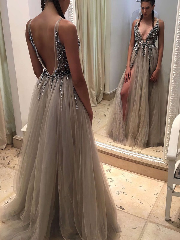 Princess V-neck Tulle Floor-length Beading Prom Dresses #Favs020103505