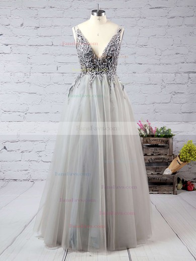 Princess V-neck Tulle Floor-length Beading Prom Dresses #Favs020103505