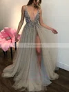 Princess V-neck Tulle Floor-length Beading Prom Dresses #Favs020103505