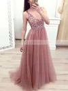 Princess V-neck Tulle Floor-length Beading Prom Dresses #Favs020103505