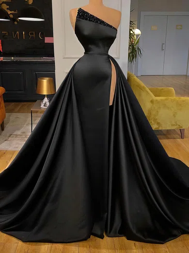 A-line Strapless Satin Sequined Sweep Train Prom Dresses With Split Front #Favs020116152