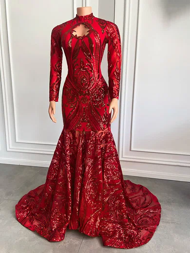 Trumpet/Mermaid High Neck Sequined Sweep Train Prom Dresses #Favs020116155
