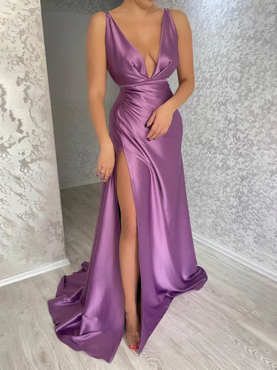 Sheath/Column V-neck Silk-like Satin Sweep Train Prom Dresses With Split Front #Favs020116158