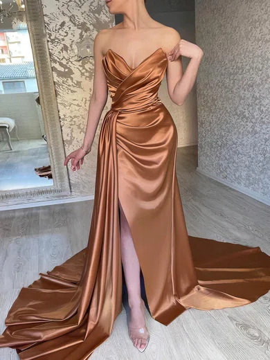 Sheath/Column V-neck Silk-like Satin Sweep Train Prom Dresses With Split Front #Favs020116160