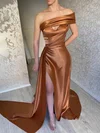 Sheath/Column One Shoulder Silk-like Satin Sweep Train Prom Dresses With Split Front #Favs020116161