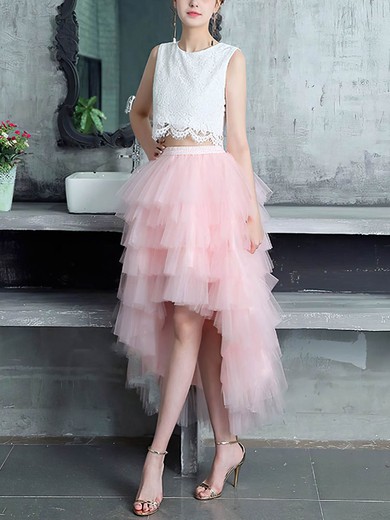 A-line Scoop Neck Lace Tulle Asymmetrical Tiered Prom Dresses #Favs020105394
