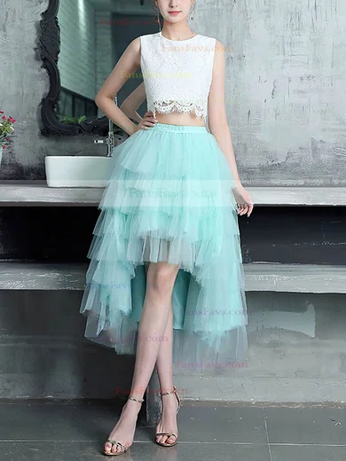 A-line Scoop Neck Lace Tulle Asymmetrical Tiered Prom Dresses #Favs020105394