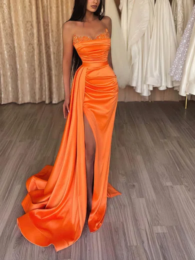 Sheath/Column V-neck Silk-like Satin Sweep Train Prom Dresses With Split Front #Favs020116177