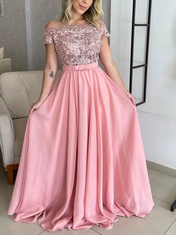 A-line Off-the-shoulder Lace Chiffon Floor-length Prom Dresses With Sashes / Ribbons #Favs020116180