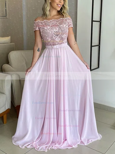 A-line Off-the-shoulder Lace Chiffon Floor-length Prom Dresses With Sashes / Ribbons #Favs020116180