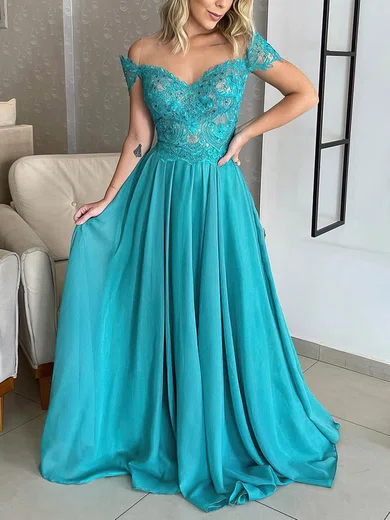 A-line Off-the-shoulder Chiffon Floor-length Prom Dresses With Lace #Favs020116181