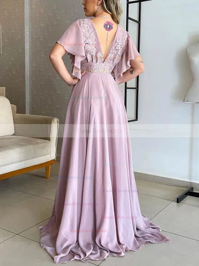 A-line V-neck Chiffon Floor-length Prom Dresses With Lace #Favs020116182