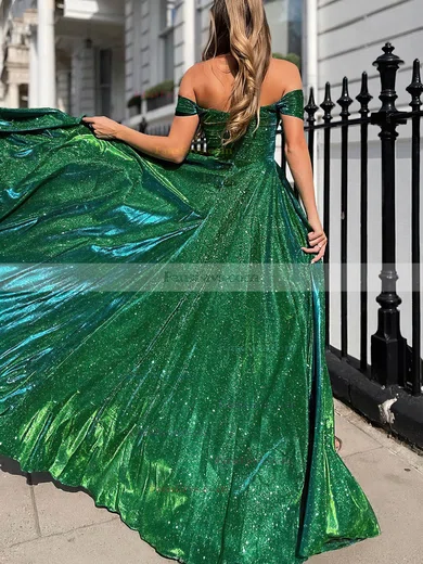 A-line Off-the-shoulder Shimmer Crepe Sweep Train Prom Dresses With Split Front #Favs020116183