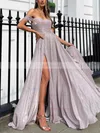 A-line Off-the-shoulder Shimmer Crepe Sweep Train Prom Dresses With Split Front #Favs020116183