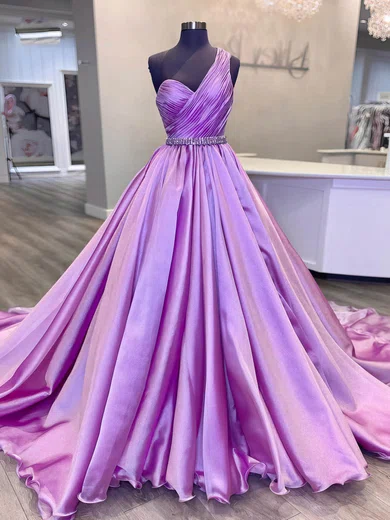 Ball Gown One Shoulder Silk-like Satin Sweep Train Prom Dresses With Sashes / Ribbons #Favs020116185