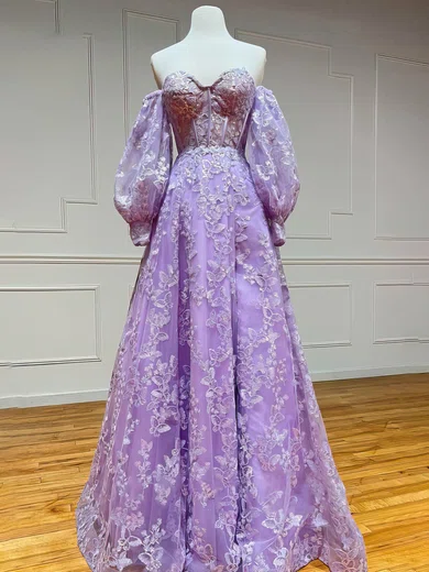 A-line Off-the-shoulder Tulle Sweep Train Prom Dresses With Appliques Lace #Favs020116187