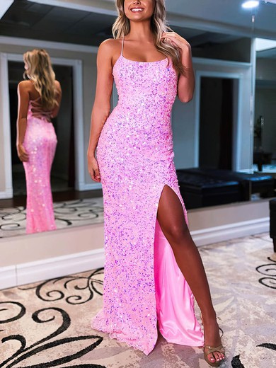Sheath/Column Scoop Neck Sequined Sweep Train Prom Dresses With Split Front #Favs020116190