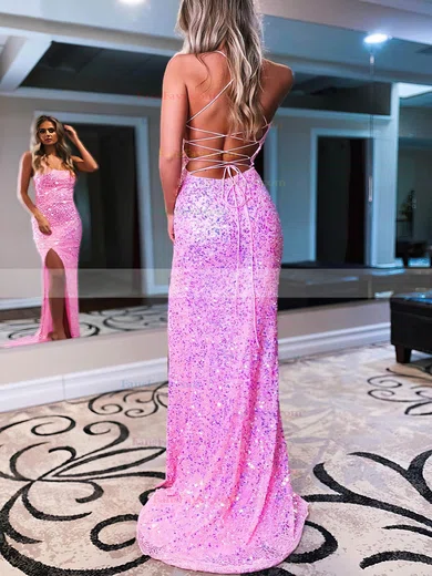 Sheath/Column Scoop Neck Sequined Sweep Train Prom Dresses With Split Front #Favs020116190