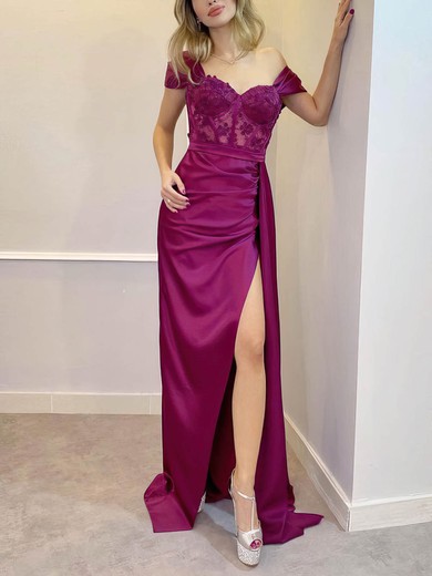 Sheath/Column Off-the-shoulder Lace Silk-like Satin Sweep Train Prom Dresses With Split Front #Favs020116194