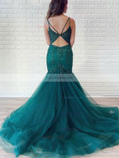 Trumpet/Mermaid V-neck Tulle Sweep Train Prom Dresses With Beading #Favs020116195