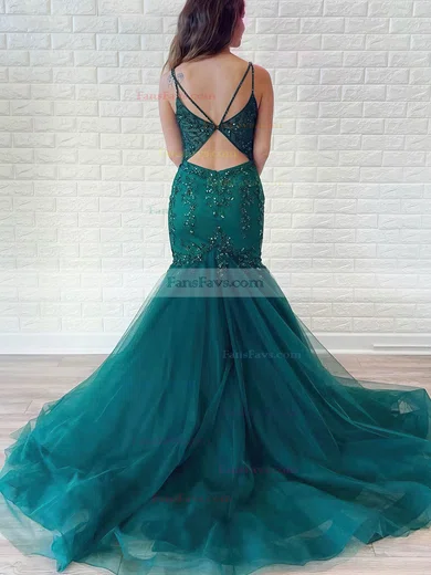 Trumpet/Mermaid V-neck Tulle Sweep Train Prom Dresses With Beading #Favs020116195