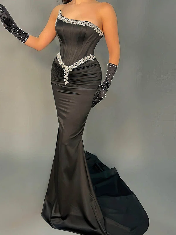 Trumpet/Mermaid Strapless Silk-like Satin Sweep Train Prom Dresses With Appliques Lace #Favs020116199