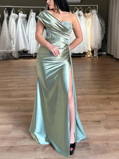 Sheath/Column One Shoulder Silk-like Satin Sweep Train Prom Dresses With Beading #Favs020116202