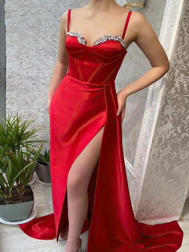 Sheath/Column Sweetheart Satin Sweep Train Prom Dresses With Beading #Favs020116205