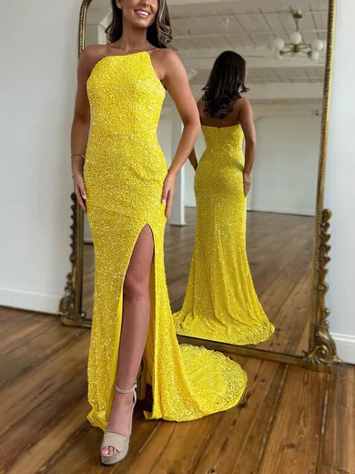 Sheath/Column Strapless Sequined Sweep Train Prom Dresses With Split Front #Favs020116207