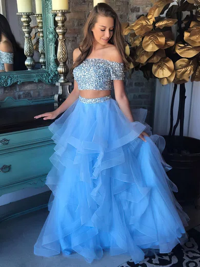 A-line Off-the-shoulder Tulle Floor-length Beading Prom Dresses #Favs020104975