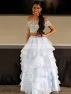 A-line Off-the-shoulder Tulle Floor-length Beading Prom Dresses #Favs020104975
