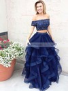 A-line Off-the-shoulder Tulle Floor-length Beading Prom Dresses #Favs020104975