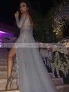 A-line Off-the-shoulder Sweep Train Tulle Prom Dresses with Appliques Lace Split Front #Favs020103507