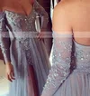 A-line Off-the-shoulder Sweep Train Tulle Prom Dresses with Appliques Lace Split Front #Favs020103507